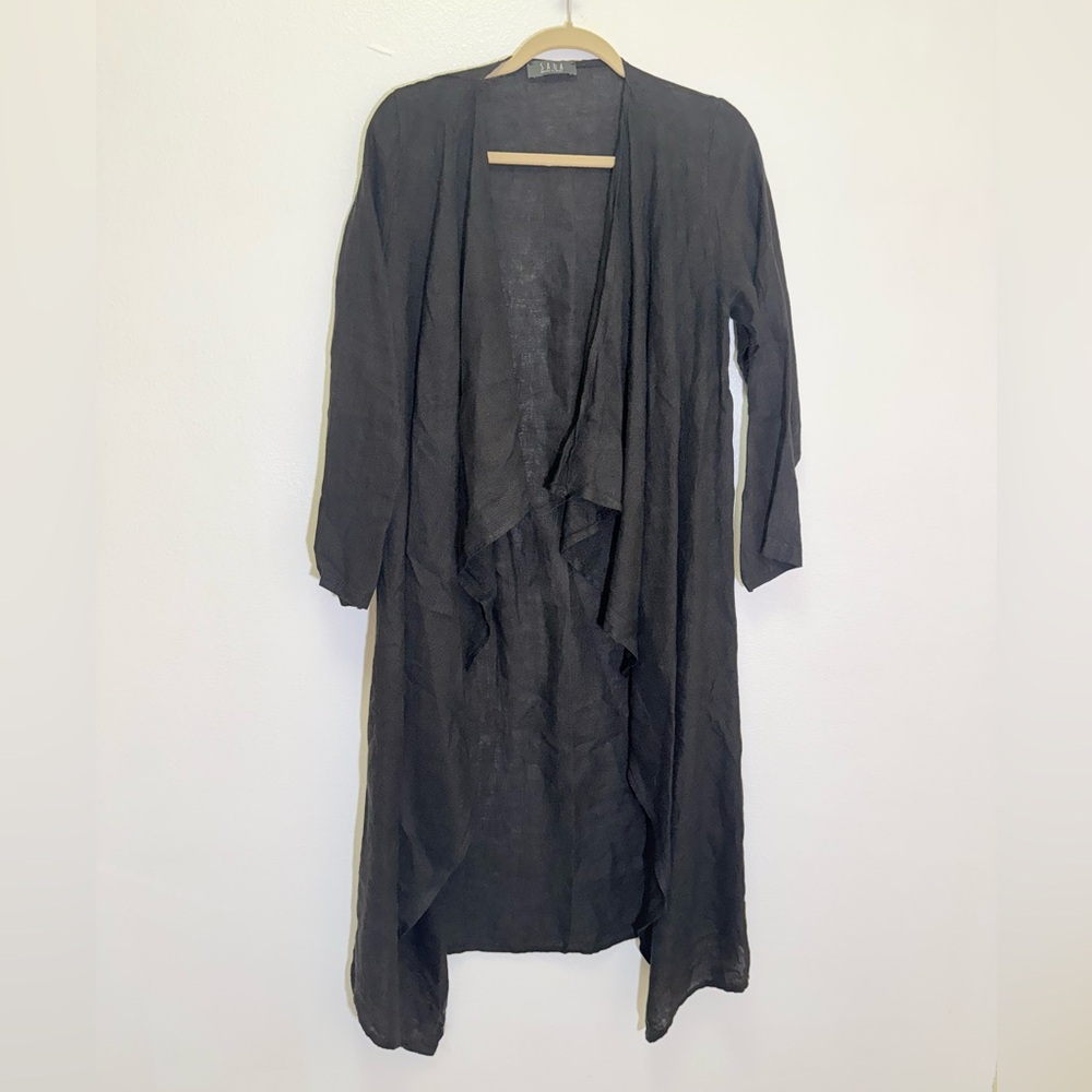 Saga - Black Linen Cascade Collar Long Duster - XS-S FLAWED